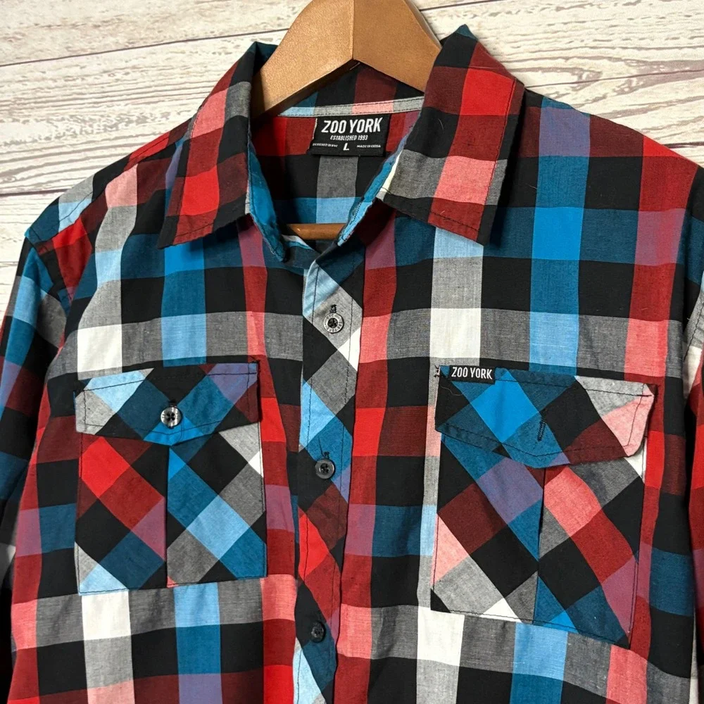 Zoo York Mens Plaid Button Down Shirt Long Sleeve Red Blue‎ Black Large
